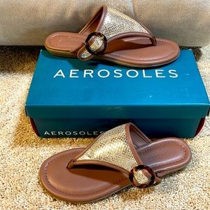 NIB gold LEATHER AEROSOLES flats slides metallic tortoiseshell buckle thong mule